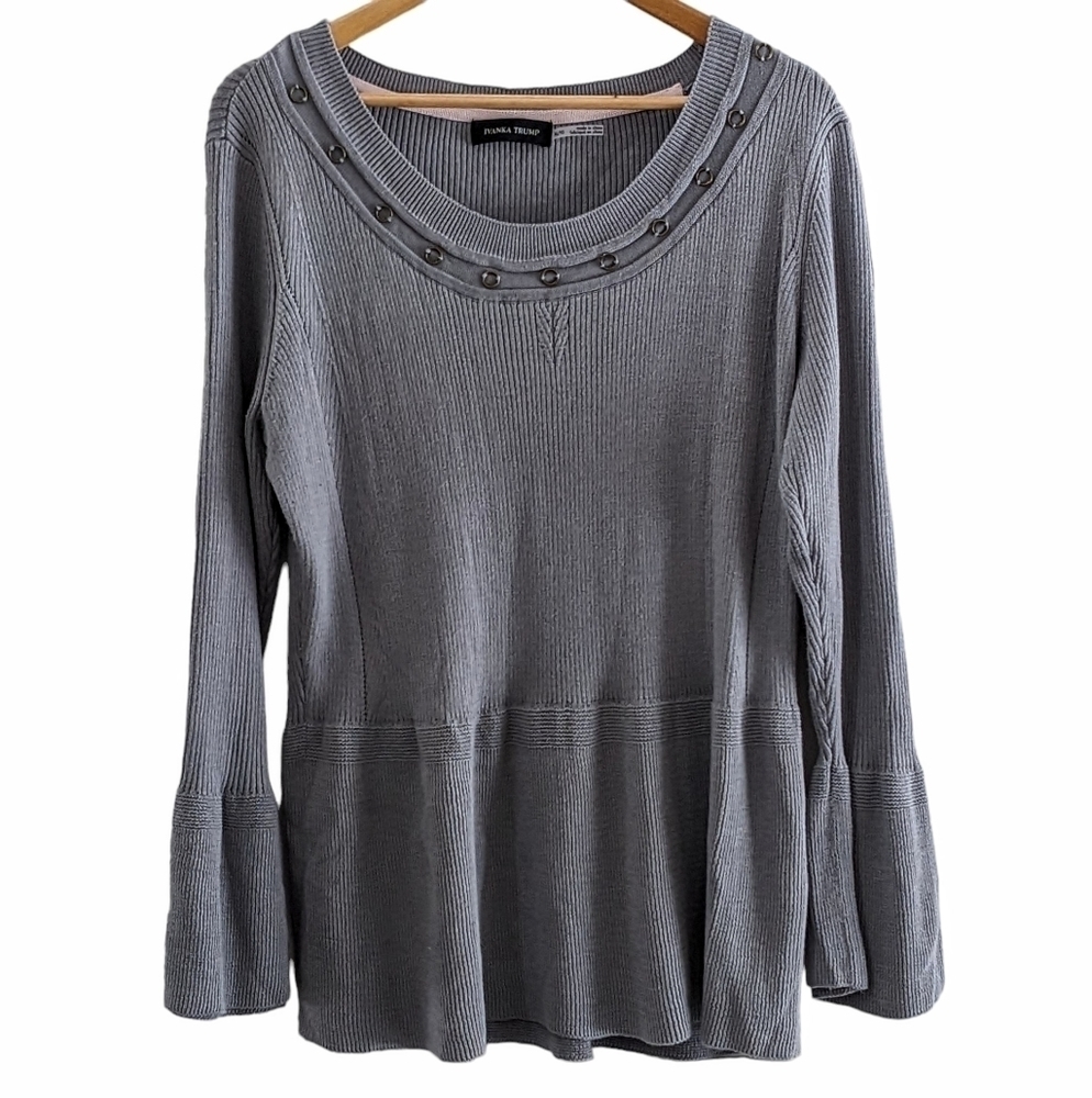 Peplum Ribbed Cotton Blend Grey Sweater Size XL